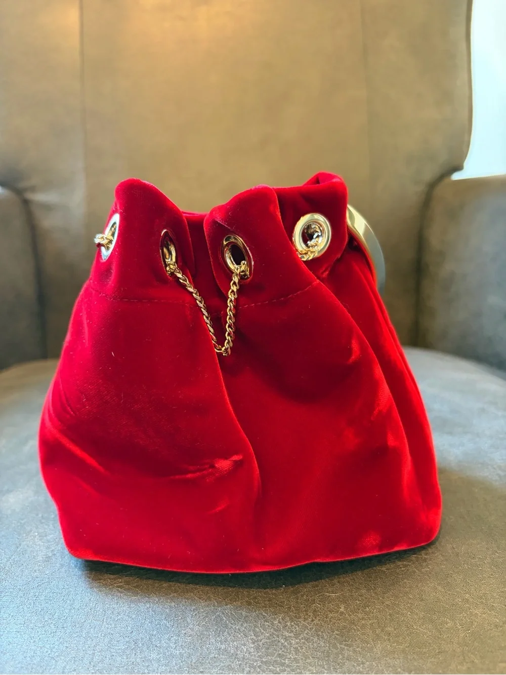 Jimmy Choo Red Velvet Drawstring Satchel with Gold Chain